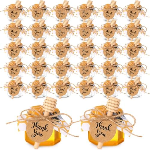 Funnymoom 30 Set 2.5oz Plastic Mini Honey Jars with Wooden Dipper and Muslin Cloth Covers Honey Jars with Gold Lids Hang Tags Decorative Jute Rope for Wedding Birthday Party (Bee) by Funnymoom