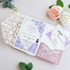 Hosmsua 50PCS Purple Glitter Wedding Invitation Pocket, 5.12 x 7.2 Laser Cut Lace Flora Quinceanera Invitation Pockets with Envelopes for Wedding Bridal Shower Quince Invite (No Inner Sheet) - Image 2