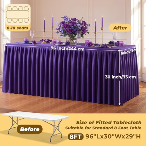 Purple Polyester Table Cloths for Rectangle 8 Foot Tables, 2 Pack Wrinkle Free Tablecloths Stretchy Banquet Ruffle Fitted Table Cover Desk Skirt for Parties Wedding Birthday Baby Shower - Image 5