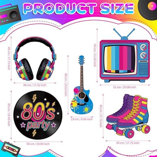 5Pcs 80s Party Decorations, Large Retro Disco Theme Cardboard Cutouts Guitar Headphone Roller Skates Vintage 80s Yard Sign for Neon Hip Hop Music Birthday Indoor Outdoor Photo Props Backdrop - Image 3