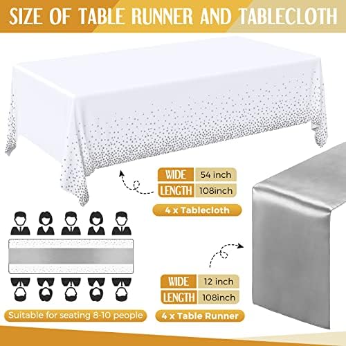 Breling 24 Pack White and Silver Disposable Tablecloth and Table Runner Set - Image 2