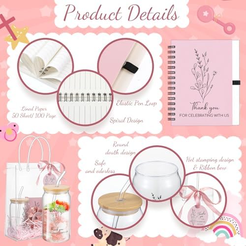 Zeyune 6 Sets Baby Shower Prizes for Wedding Bridal Shower Gifts Party Favors Including Glass Notebooks Ballpoint Pen Mirror Hairpins Hair Bands Gift Bag Thank You Cards(Pink,Classic) - Image 4