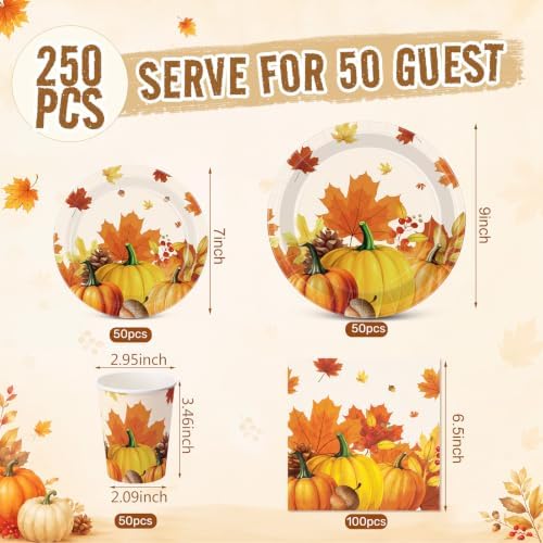 250 Pcs Marple Leaves Fall Party Supplies, Paper Plates Napkins and Cups - Image 2