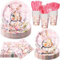 Honeydak 210 Pcs Pink Bunny Party Supplies for 30 Guests, Includes Spring Rabbit Plates, Cups, Napkins, Cutlery - Cute Pink Bunny Tableware Decoration for Baby Shower Easter Party by Honeydak