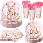 Honeydak 210 Pcs Pink Bunny Party Supplies for 30 Guests, Includes Spring Rabbit Plates, Cups, Napkins, Cutlery - Cute Pink Bunny Tableware Decoration for Baby Shower Easter Party by Honeydak