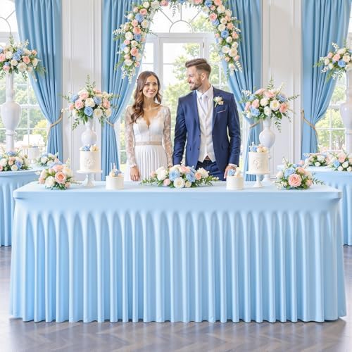 gogoparti 6 Pack Spandex Baby Blue Fitted Table Cloth for 6ft Rectangle Tables Light Blue Stretch Tablecloth Banquet Table Covers Wrinkle Free Tablecloths for Parties Wedding - Image 3