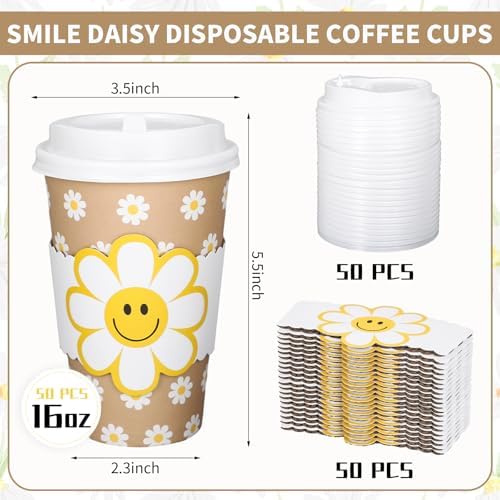 Whaline 50 Pcs Summer Daisy Disposable kraft Paper Cups with Lids and Sleeves 16 Oz Boho Groovy Smile Daisy Flower Coffee Cups for Summer Wedding Birthday Table Decor Party Supplies - Image 2