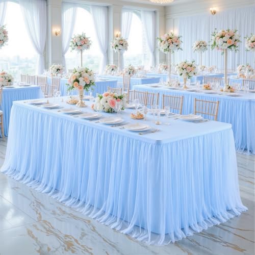 Suppromo 8ft Baby Blue Tulle Tablecloths for Rectangle Tables Light Blue 8 Foot Rectangular Table Cloth Wrinkle Free Table Cover with Tutu Skirt for Baby Shower Boy Birthday Party Banquet Buffet Cake - Image 4