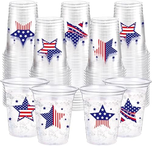 100 Pcs Patriotic Plastic Cups 12 oz, Red Blue & White Tableware by Ferrochef