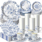 Pickmesh 252 Pcs Blue Floral Tea Party Supplies for 36 Guests Blue and White Porcelain Paper Disposable Dinnerware Floral Teacups with Handle and Saucers Set for Tea Party Decorations Birthday Wedding by Pickmesh