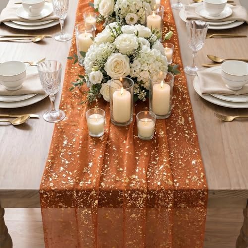 Artoid Mode 6PCS Caramel Gauze Gold Table Runner 120 Inch 10FT, Glitter Metallic Foil Sheer Dining Wedding Anniversary Holiday Table Decor for Home Party - Image 3
