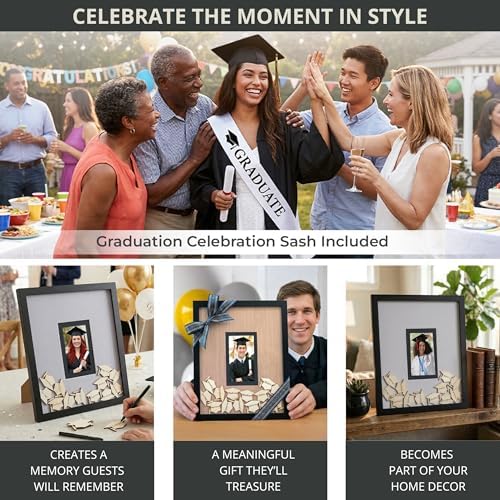 Graduation Guest Book 2026 – Wooden Cap Drop Frame Guestbook for Graduation Party with Wooden Grad Caps, Photo Slot & Pen, Grad Guest Book, Graduation Sign in Book, Graduation Book to Sign, Grad Party - Image 4