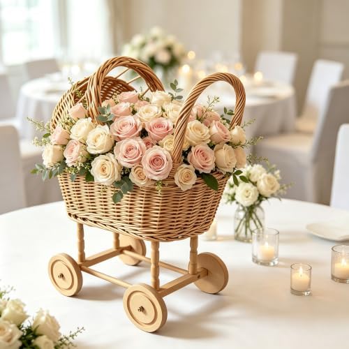 Vintage Wicker Stroller-Style Flower Basket with Wheels, for Wedding Party by XEEFFOCB