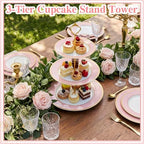 CHENGU 3 Tier Christmas Cupcake Stand Pink Ceramic with Gold Frame - Image 2