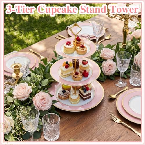 CHENGU 3 Tier Christmas Cupcake Stand Pink Ceramic with Gold Frame - Image 2
