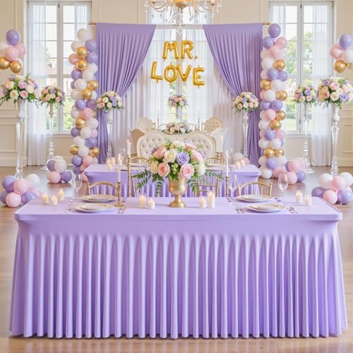 4 Pack Lavender Spandex Tablecloths for Rectangle Tables Light Purple Stretch Table Cloth Rectangle 6ft Lilac Elastic Fitted Table Cover with Skirt for Wedding Birthday Party Banquet Baby Shower - Image 4
