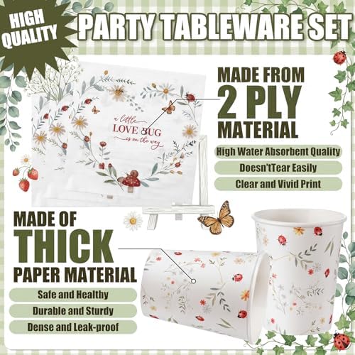 LemonRoad 175 Pcs Little Love Ladybird Party Supplies, Garden Floral Disposable Tableware Set for 25 Guests, 9" Plates, 7" Dessert Plates, Cups, Napkins and Red Cutlery for Baby Shower Birthday - Image 3