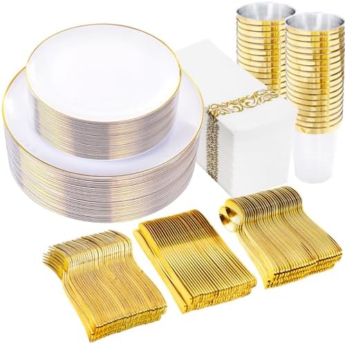 Supernal 350Pcs Elegant White and Gold Plastic Dinnerware Set for Wedding by supernal