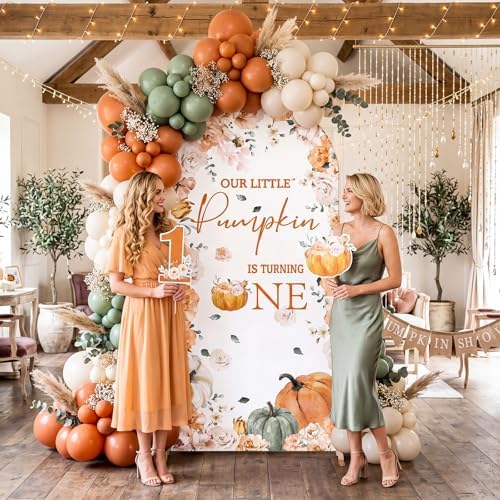 Tegeme 7.2ft Our Little Pumpkin is Turning One Arch Backdrop Cover 1st Birthday Baby Shower Decoration Large Orange Floral Pumpkin Backdrop for First Birthday Party Supply Photo Background Decoration - Image 4