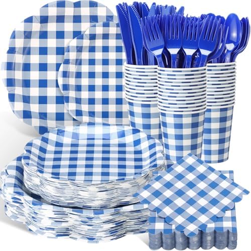 Funnymoom 400 Pcs Gingham Party Supplies for 50 Guests Dark Blue and White Paper Plates and Napkins Knives Spoon Fork Cup Disposable Checkered Dinner Party Set Cutlery for Baby Shower Wedding Favor by Funnymoom
