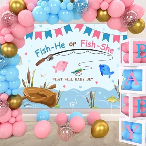 AIBIIN Fishing Gender Reveal Backdrop Blue and Pink Fish He Or Fish She What Will Baby Be Photography Background Ocean Boy or Girl Gender Reveal Party Banner Photo Prop 8x6ft - Image 3