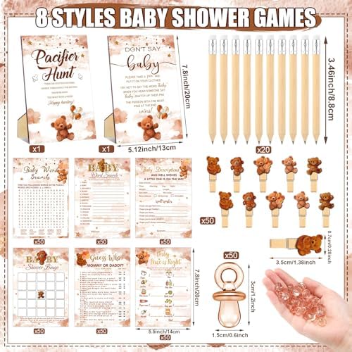 Sherr 424 Pcs Brown Bear Baby Shower Games Decorations, 8 Set, 50 Pacifiers - Image 3