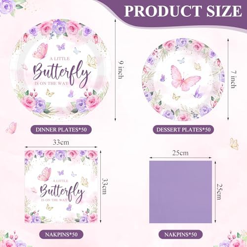 Funnymoom 200 Pcs Butterfly Baby Shower Decorations Paper Plates Serve 50 - Image 2