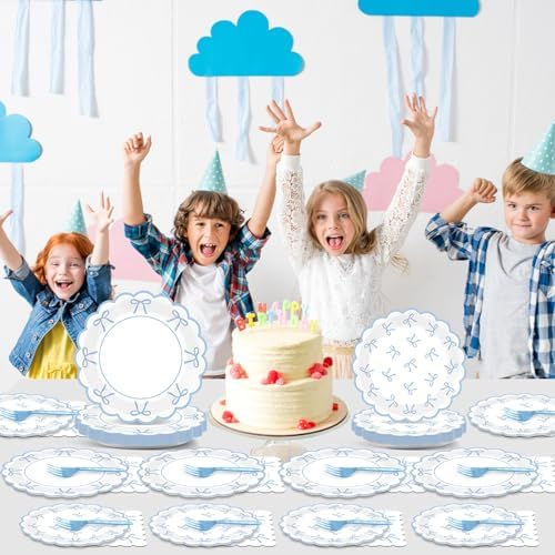200Pcs Blue Bow Baby Shower Party Decorations Bowknot Birthday Tableware Dinnerware Set Scalloped Paper Disposable Plates Napkins for Baby Shower Bachelorette Engagement Party Supplies Serves 50 Guest - Image 6