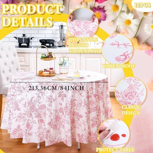 Ganeen 12 Pcs Pink Floral Plastic Tablecloth 84 Inch Round Tea Party Tablecloth Vintage Flower Disposable Pink and White Table Covers Waterproof for Birthday Wedding Baby Shower Decoration - Image 2