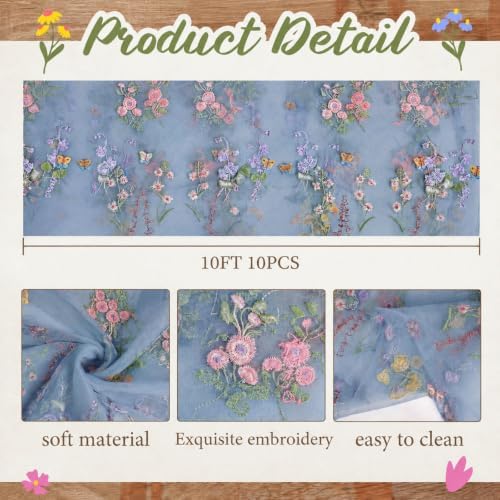 Blue Floral Table Runner 10ft Embroidery Wildflower, 10 Pcs - Image 2