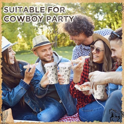 Funnymoom 100 Pieces Western Cowboy Cowgirl Disposable Paper Cups with 120 Lids 12oz Coffee Wild West Rodeo Coffee Cups for Baby Shower Rodeo Bachelorette and Birthday Party Supplies - Image 3