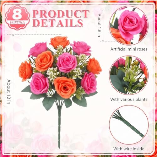Zeyune 8 Pack 12 Inch Artificial Rose Bouquet, Orange and Hot Pink - Image 2