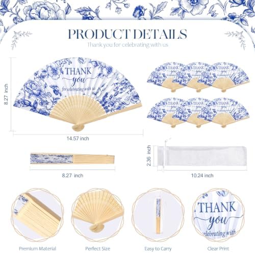 Wenqik 100Set Blue Floral Handheld Folding Fans,Wedding Paper Fan for Guest - Image 2
