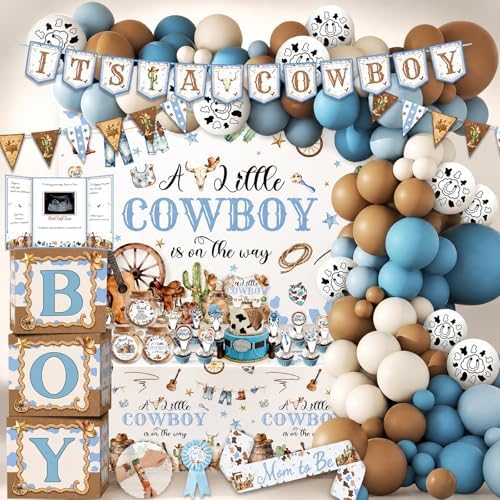 Cowboy Baby Shower Decorations for Boy, A Little Cowboy is on the Way Party Supplies, Western Rodeo Baby Shower Decor, It's a Boy Gender Reveal, Balloon Box Banner Backdrop Stickers Sash Cake Topper by JollyScape