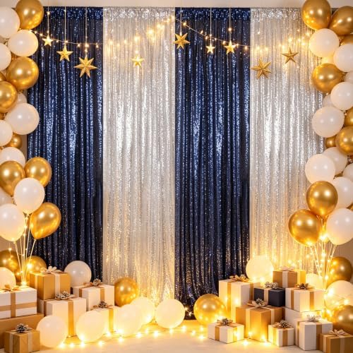 ShinyBeauty Navy Blue Silver Sequin Backdrop Curtains 4 Panels 2x8ft - Image 2