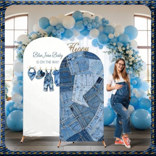 2 Pcs 7.2Ft/ 6 ft Blue Jean Baby Shower Decorations Blue Jean Baby is on The Way Arch Backdrop Cover for Denim Baby Shower Party Gender Reveal Birthday Party Photo - Image 6