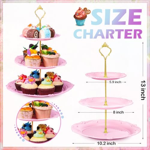 8 Pcs 3 Tier Serving Tray Cupcake Stand, Round, White, Pink, Green - Image 2
