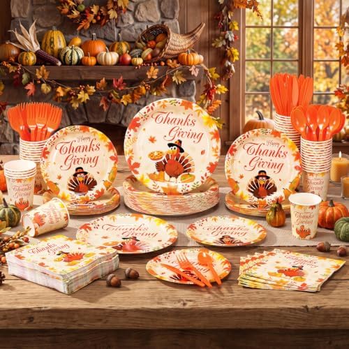 Funnymoom 400 Pcs Thanksgiving Party Supplies for 50 Guests Turkey Fall Leaves Paper Plates and Napkins Cups Disposable Autumn Dinner Parties Set Cutlery for Friendsgiving Fall Party Favor - Image 4