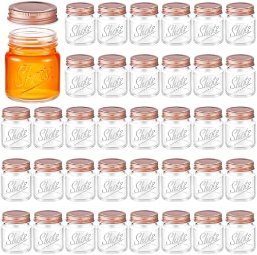 Tessco for you Mini Mason Jar Shot Glasses with Lids 2 oz Dishwasher Safe Mason Canning Jars for Bachelorette Wedding Party Favors Bar Drinks Home Desserts Honey Jam Candy(Clear, Rose Gold,36 Pcs) by Tessco