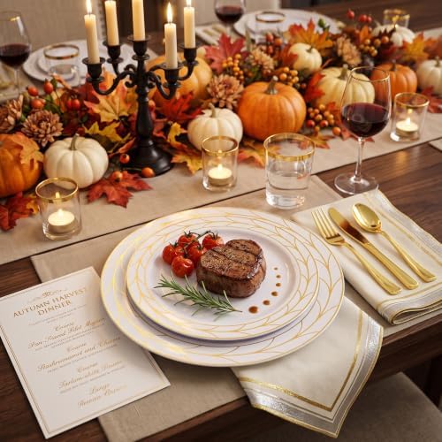 COLOSUS 175PCS Gold Dinnerware Sets, 25 Guests Leaf Stripe Plastic Plates. - Image 4