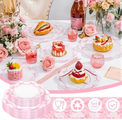 LIYH 60 Pcs Pink Bow Plastic Plates for Party - Pink Scalloped Scalloped Plates Disposable Heavyduty for Decorative Tableware for Holiday Party Decor Supplies - 10.25" Dinner & 7.5" Dessert Plate - Image 3