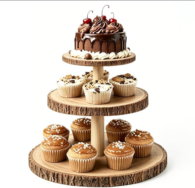 3-Tier Round Wooden Cupcake Stand, Rustic Natural Bark Wood Dessert Display Tower Platter for Wedding, Birthday, Baby Shower, Tea Party & Farmhouse Party Buffet by Unknown