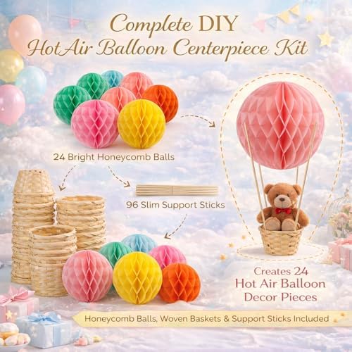 24 Pack Hot Air Balloon Table Centerpieces for Baby Shower, Rainbow Birthday, Bridal Shower, DIY Honeycomb Paper Lanterns with Woven Baskets for Dessert Table Decor - Image 7