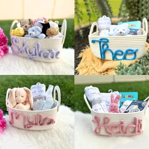 Personalized Baby Name Basket Cotton Rope Basket Diaper Caddy Custom Cotton Rope Room Shelf Storage Basket, Baby Stuff Organizer Storage Bin, Decorative Round Bin for Nursery Bedroom Bathroom(Style A) - Image 7