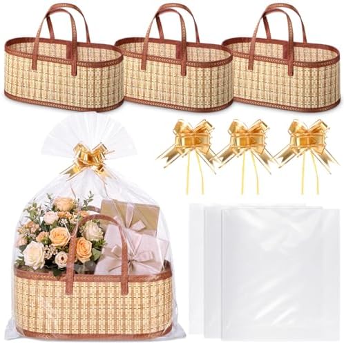 Reallnaive 3 Sets Empty Gift Baskets to Fill Large Bamboo Woven Baskets with Handles 15.8 x 7.9 x 6.3 inch Includes Clear Wrap Bags and Bows for Raffle, Baby Shower, Wedding,Thanksgiving Day by Reallnaive