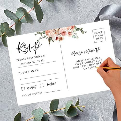 Andaz Press 56-Pack Personalized RSVP Postcards for Wedding Neutral Coral Florals Cardstock Response Reply Cards for Bridal Shower Baby Shower Birthday Event Custom Date and Return Address 4 x 6-Inch - Image 2