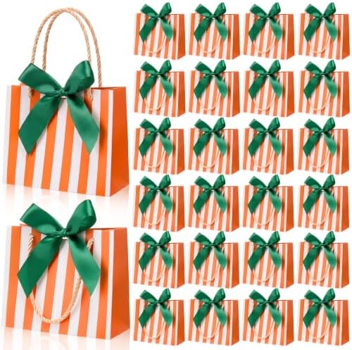 FunooFuno 50 Pack Orange Stripe Gift Bags with Green Bows, 5.5 Inches by Unknown