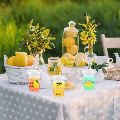 FoldTier 60 Set Lemon Party Cups, 14 oz with Lids and Straws - Image 6