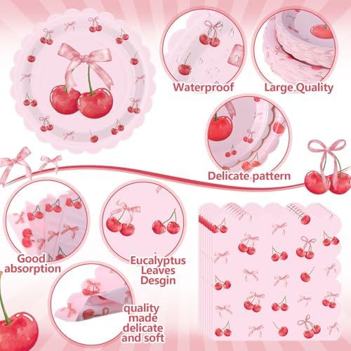 400 Pcs Cherry Birthday Party Decorations for 50 Guests, Red Pink Cherry Bow Scalloped Paper Plates Napkins Cups Cutlery for Pink Bow Coquette Baby Shower Bridal Shower Party Supply - Image 3