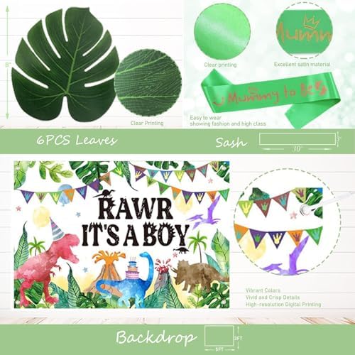 Hombae Dinosaur Baby Shower Decorations for Boy, Dino Themed Baby Shower Decorations, Rawr It’s a Boy Party Supplies Backdrop Balloon Banner Box Cake Cupcake Topper Mummy To Be Sash Green Gold - Image 5